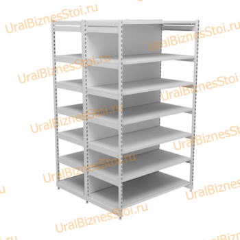 Торговый островной стеллаж (Усиленный с передней стойкой) 2350*400*1000 7 полок - uralbiznesstroi.ru – Казань